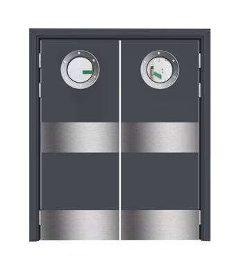 Дверь Dionysus маятниковая двустворчатая RAL 7024 с иллюминатором с отбойными пластинами на уровне ног и рук