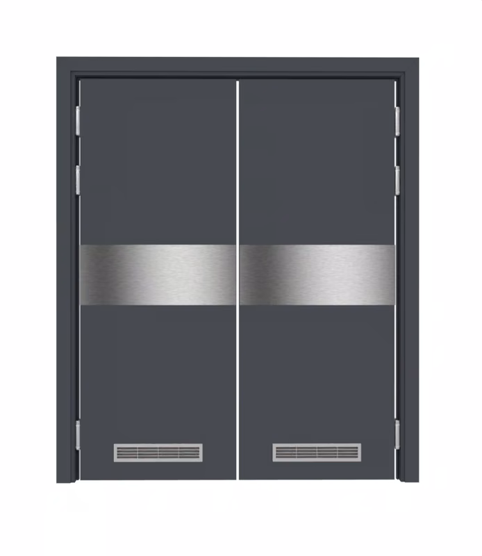 Дверь композитная Poseidon маятниковая двустворчатая RAL 7024 с отбойной пластиной на уровне рук с двумя вентиляционными решётками