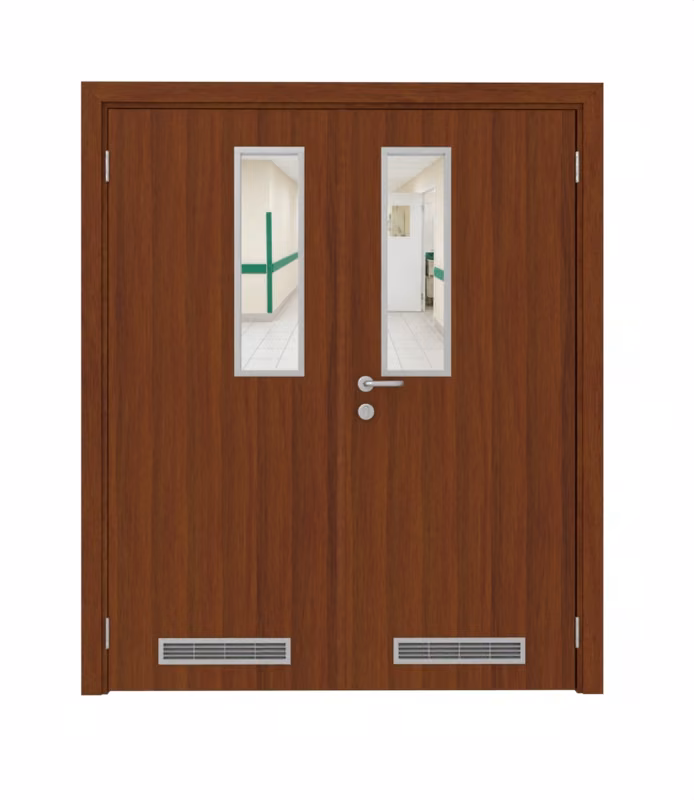 Дверь деревянная в пластике CPL  двустворчатая Орех гварнери с остеклением №5 с двумя вентиляционными решётками
