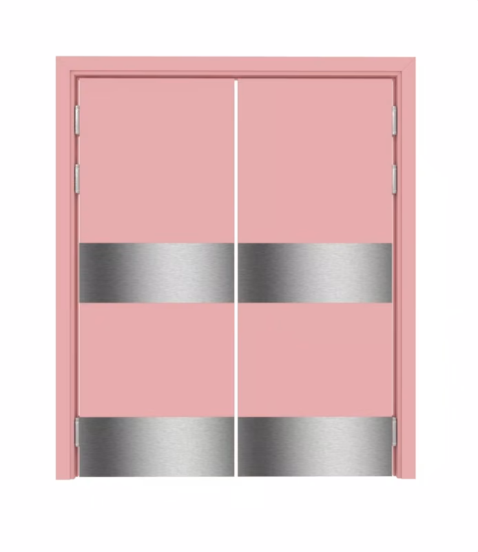 Дверь деревянная в пластике CPL маятниковая двустворчатая RAL 3015 с отбойными пластинами на уровне ног и рук