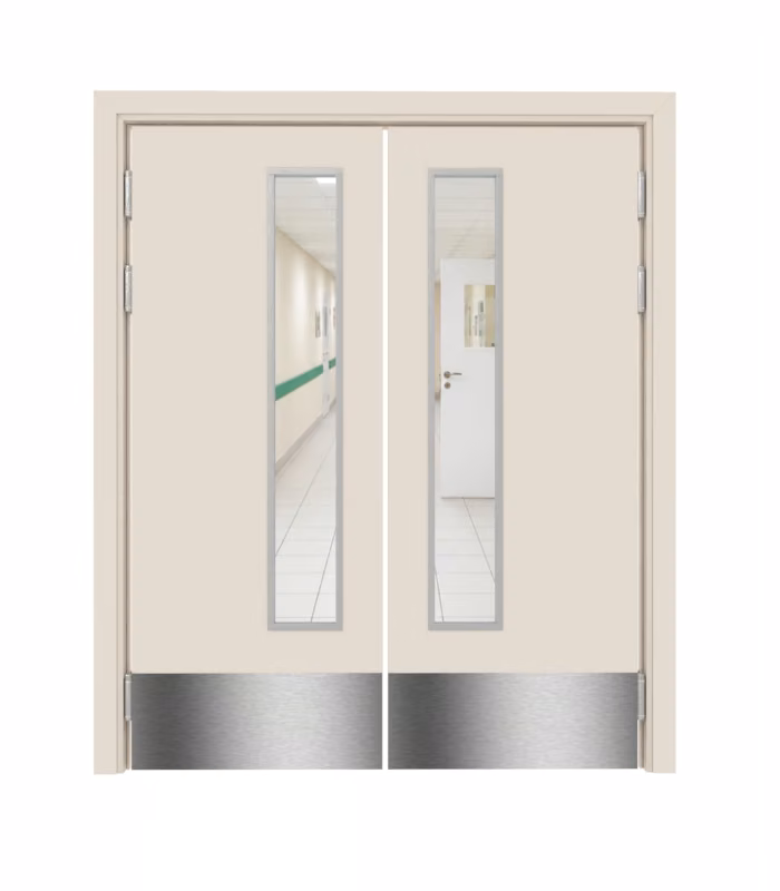 Дверь Dionysus маятниковая двустворчатая Крем матовый с остеклением №1 с отбойной пластиной на уровне ног