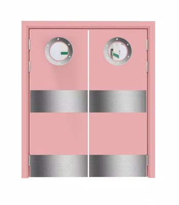 Дверь деревянная в пластике CPL маятниковая двустворчатая RAL 3015 с иллюминатором с отбойными пластинами на уровне ног и рук
