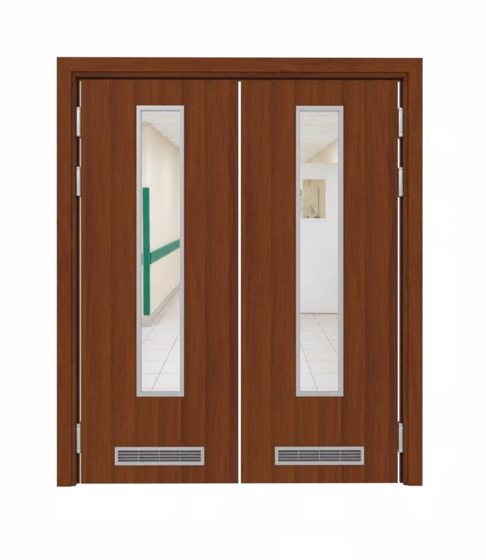 Дверь деревянная в пластике CPL маятниковая двустворчатая Орех гварнери с остеклением №2 с двумя вентиляционными решётками