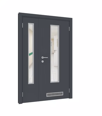 Дверь деревянная в пластике CPL  полуторная RAL 7024 с остеклением №2 с вентиляционной решёткой