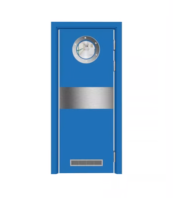 Дверь Dionysus маятниковая одностворчатая RAL 5015 с иллюминатором с отбойной пластиной на уровне рук с вентиляционной решёткой