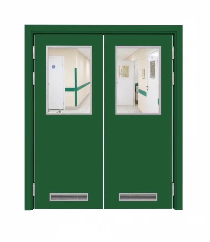 Дверь деревянная в пластике CPL маятниковая двустворчатая RAL 6002 с остеклением №4 с двумя вентиляционными решётками